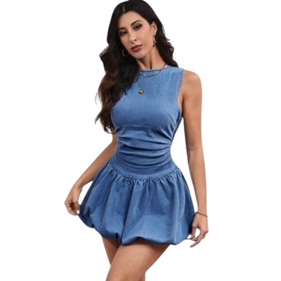 Backless Denim Mini Dress Sz S(4) by Shein Medium Wash Blue Ruched Stretch - Picture 1 of 10